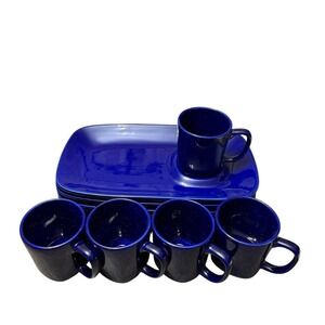 Gibson Everyday Cobalt Blue Snack Tray Mug Set Of 5  Coffee Tea Dessert